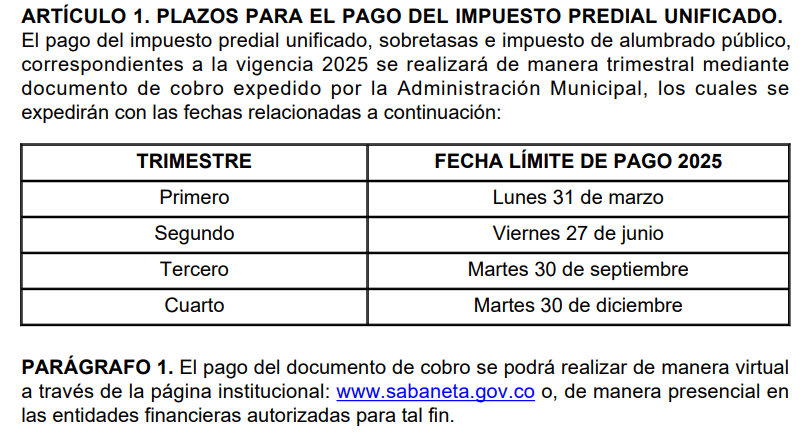 plazos-pago-de-impuesto-predial-sabaneta-2025